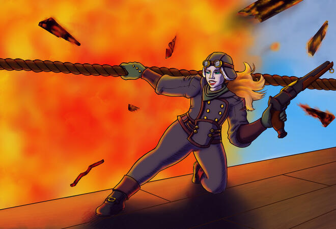Artist: Me Eyros holding a rope in one hand, with a gun in the other, on the deck of an airship in front of an explosion with debris flying out in the background