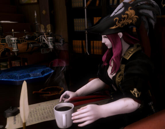Untitled Eyros at her desk, airship model in the background and coffee in the foreground, looking at some paperwork while wearing a plumed pirate hat and matching overcoat