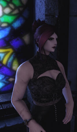 Untitled Eyros with pink/purple hair in a bun, dressed in a formal goth outfit, in front of a stained glass window at the cathedral in Ishgard