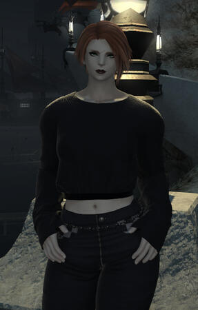 Untitled A Roegadyn from FFXIV, with red hair and pale skin, in a sweater and jeans, posing casually in Limsa Lominsa