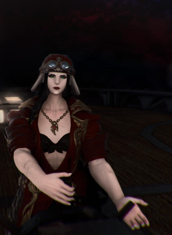 Eyros Bergveig, a Roegadyn from FFXIV, at the helm of an airship, wearing a red overcoat and matching ushanka, set against an ominous dark sky